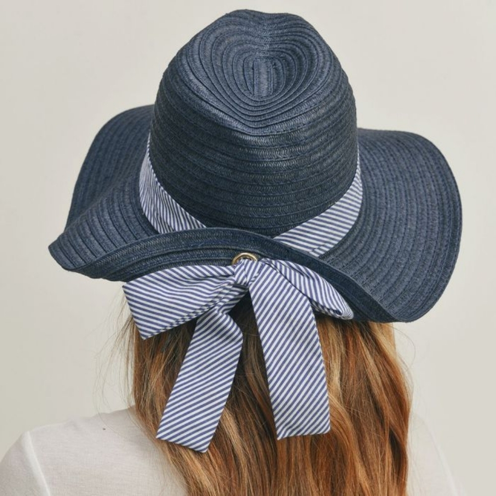 Navy Striped Bow Fedora Hat - Picture 2 of 4